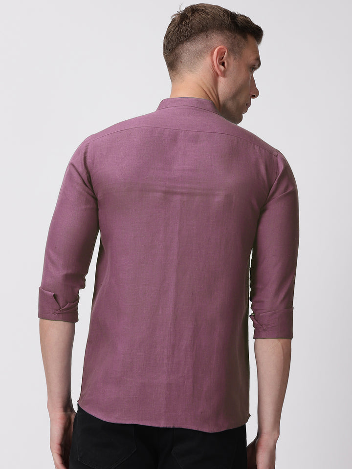 Ronan - Pure Linen Mandarin Collar Full Sleeve Shirt - Twilight Purple