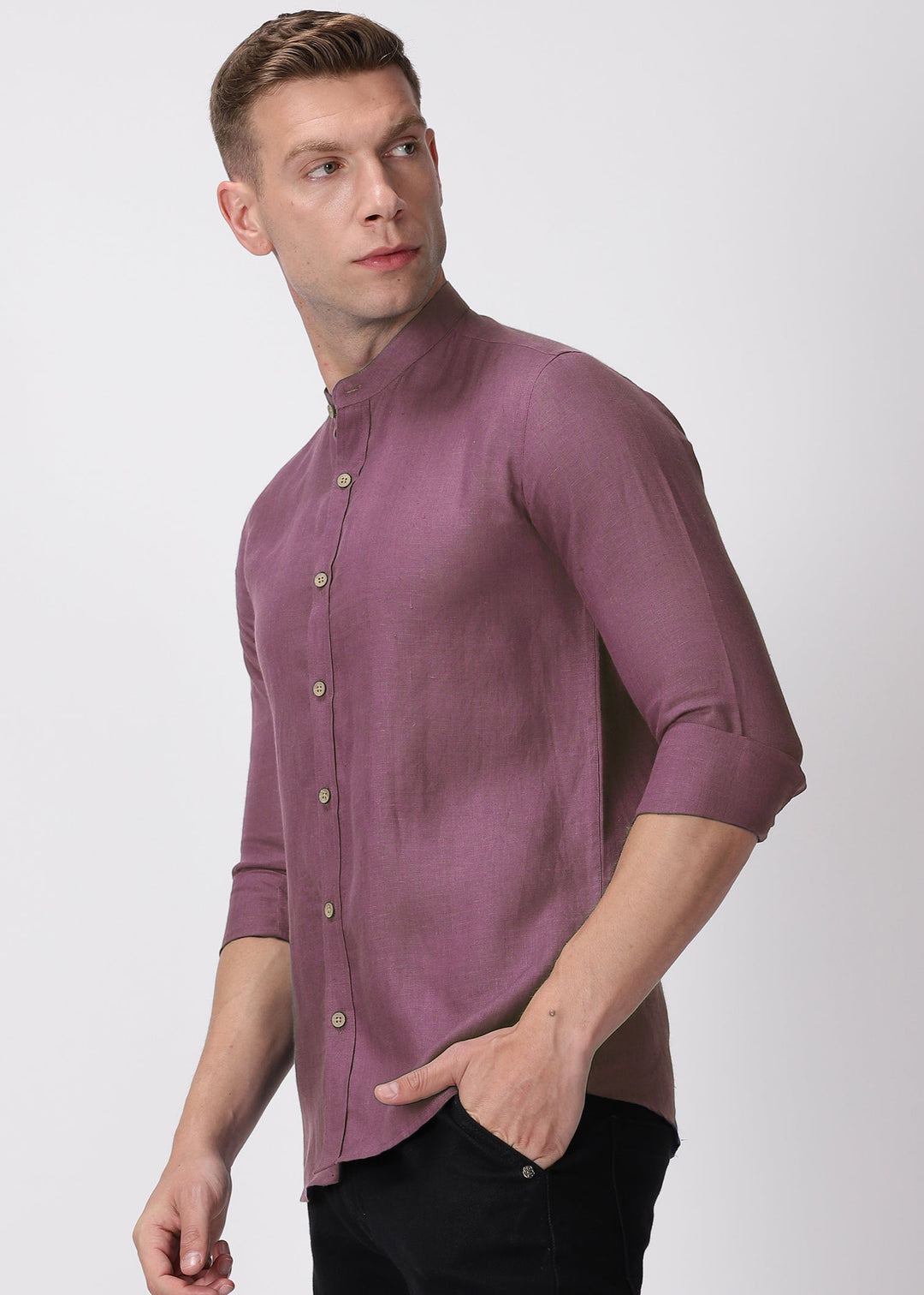 Ronan - Pure Linen Mandarin Collar Full Sleeve Shirt - Twilight Purple