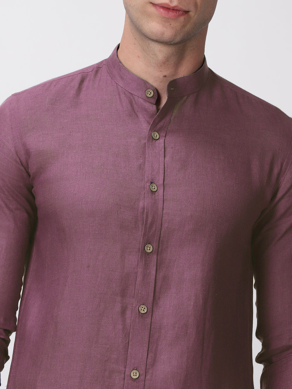Ronan - Pure Linen Mandarin Collar Full Sleeve Shirt - Twilight Purple