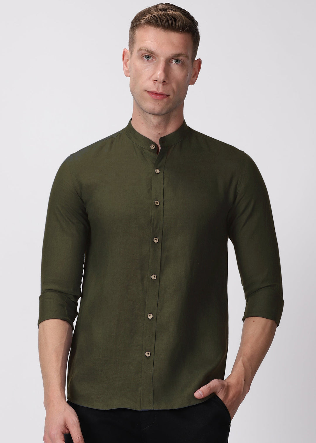 Ronan - Pure Linen Mandarin Collar Full Sleeve Shirt - Moss Green