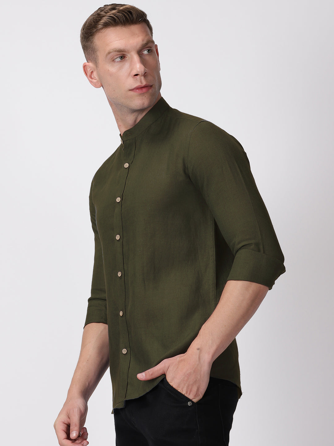 Ronan - Pure Linen Mandarin Collar Full Sleeve Shirt - Moss Green