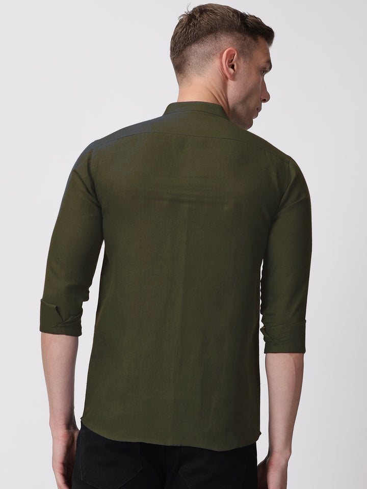 Ronan - Pure Linen Mandarin Collar Full Sleeve Shirt - Moss Green