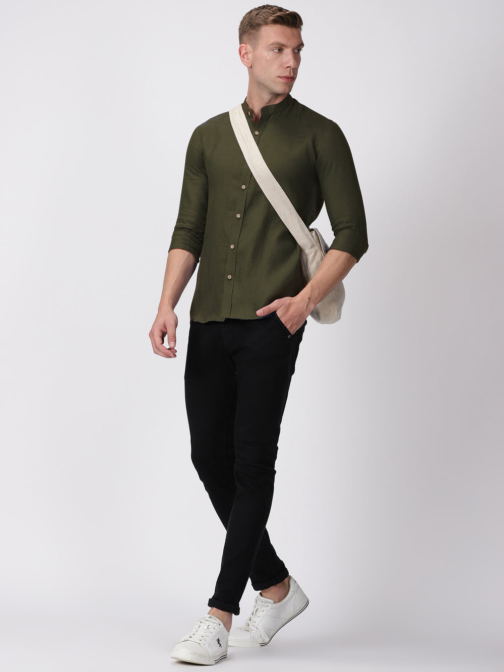Ronan - Pure Linen Mandarin Collar Full Sleeve Shirt - Moss Green
