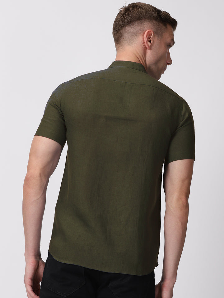 Ronan - Pure Linen Mandarin Collar Half Sleeve Shirt - Moss Green