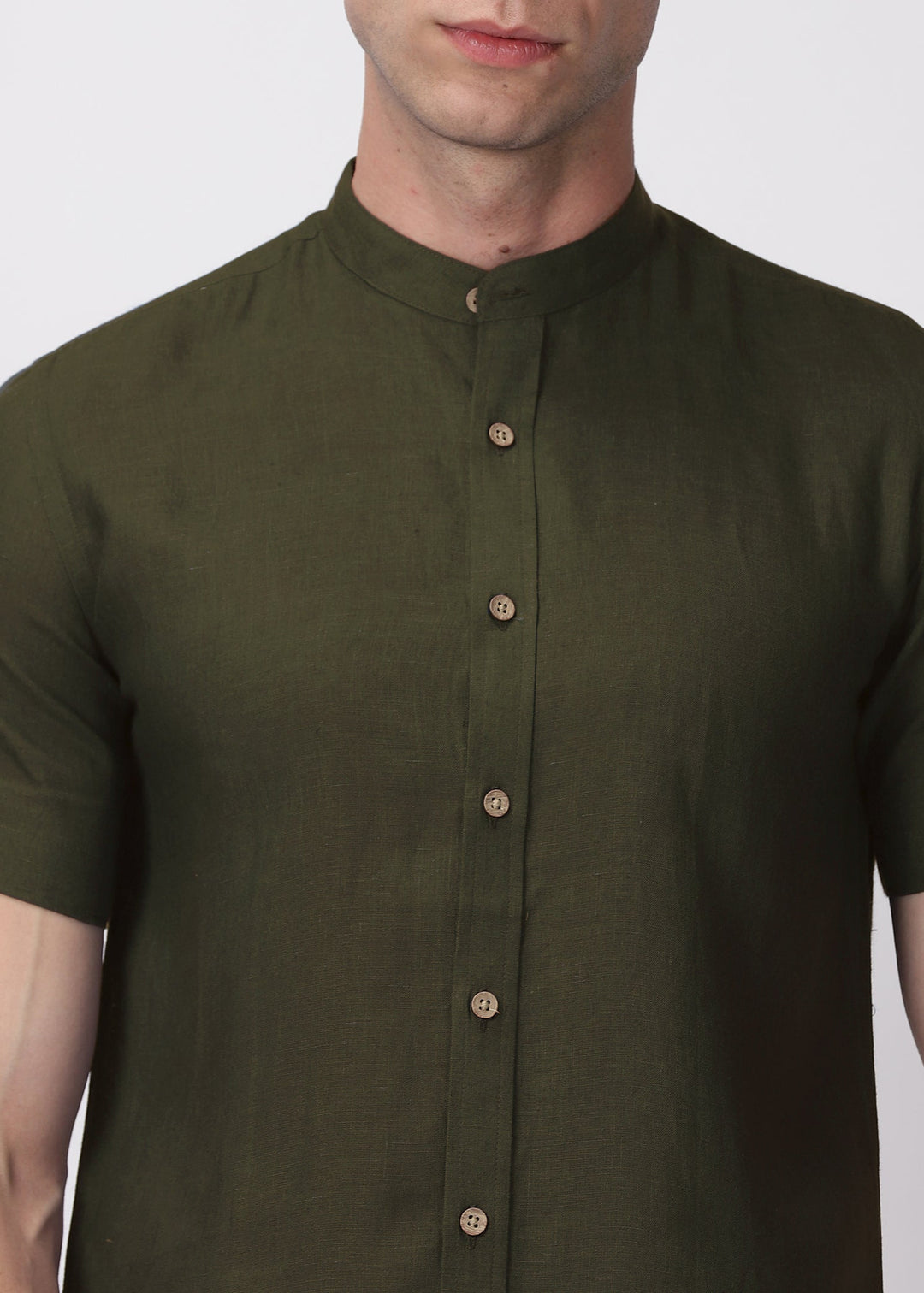 Ronan - Pure Linen Mandarin Collar Half Sleeve Shirt - Moss Green