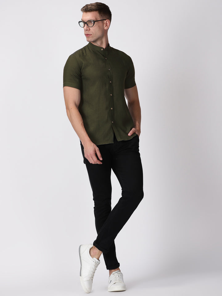 Ronan - Pure Linen Mandarin Collar Half Sleeve Shirt - Moss Green