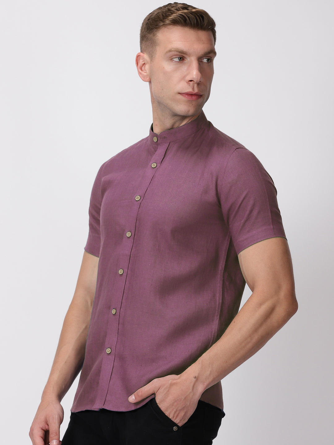 Ronan - Pure Linen Mandarin Collar Half Sleeve Shirt - Twilight Purple