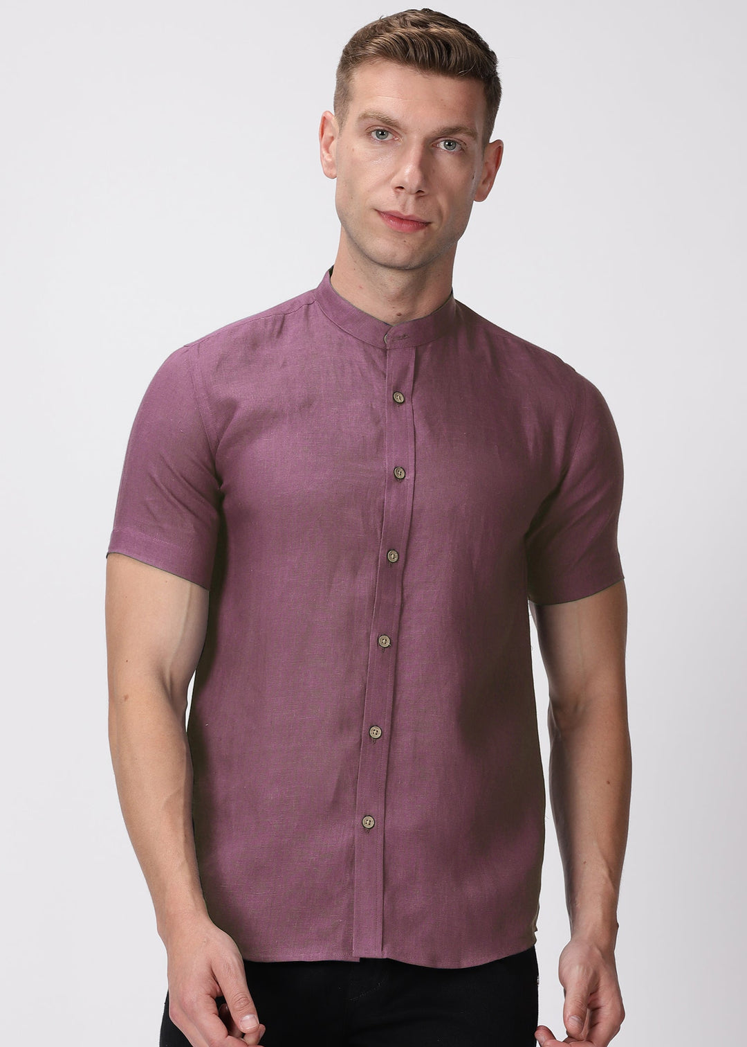 Ronan - Pure Linen Mandarin Collar Half Sleeve Shirt - Twilight Purple