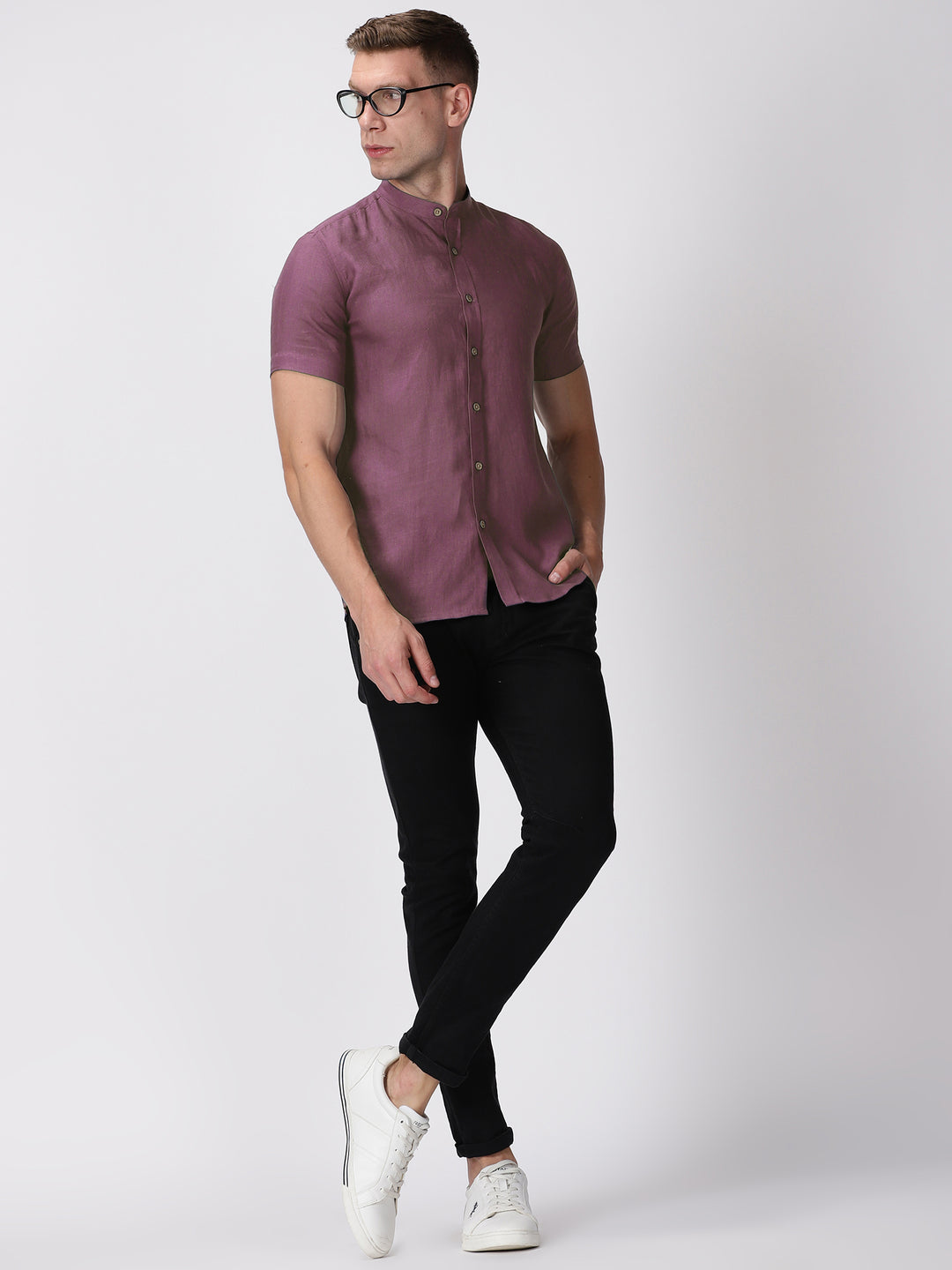 Ronan - Pure Linen Mandarin Collar Half Sleeve Shirt - Twilight Purple