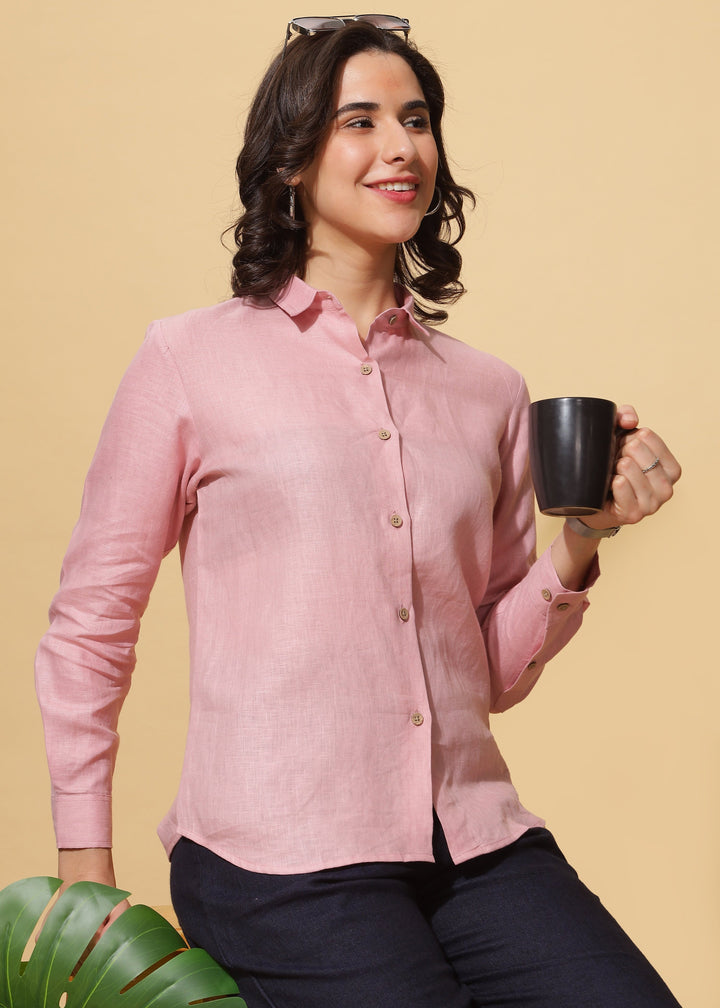 Rosa - Pure Linen Full Sleeve Shirt - Salmon Pink