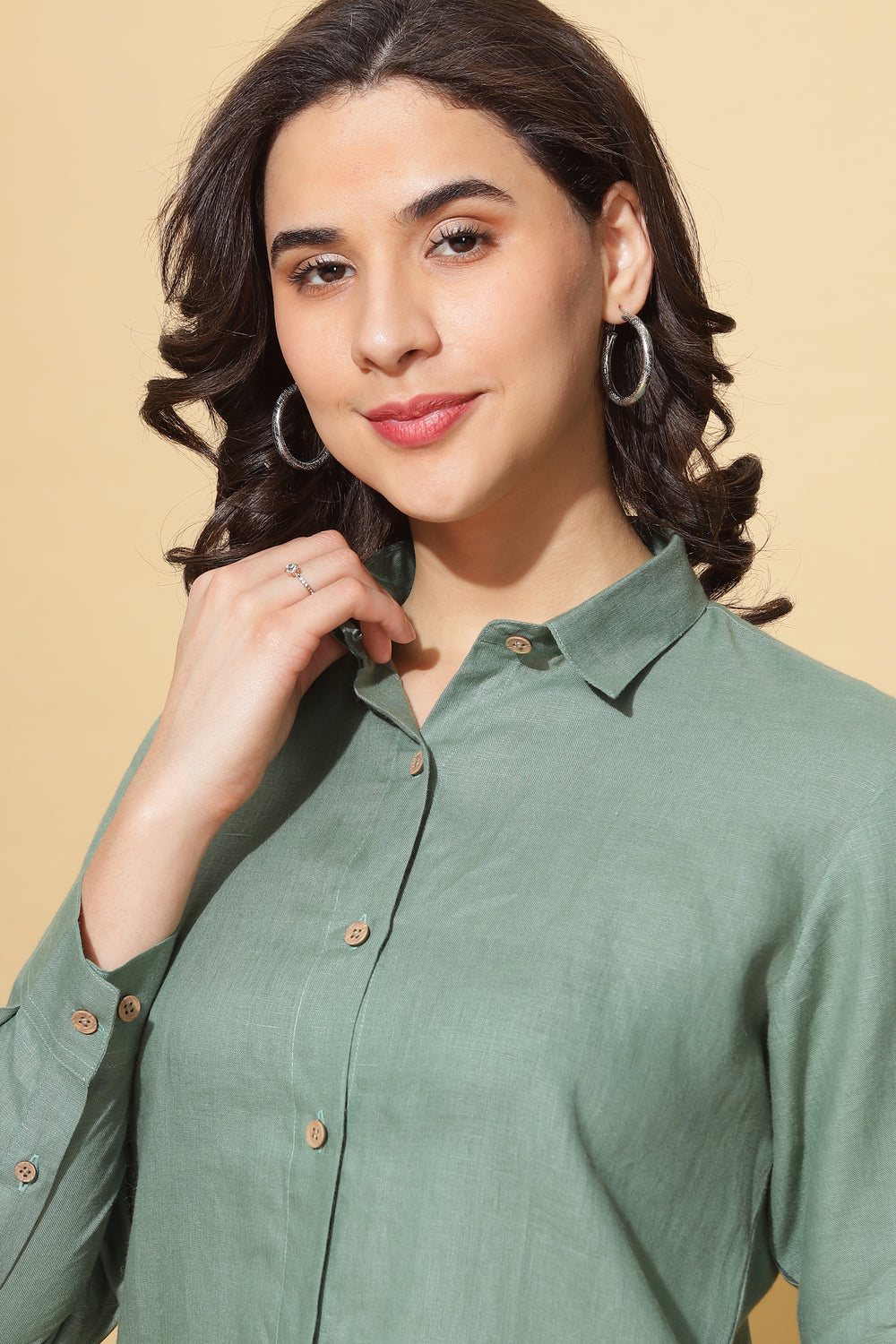 Rosa - Pure Linen Full Sleeve Shirt - Smoke Green