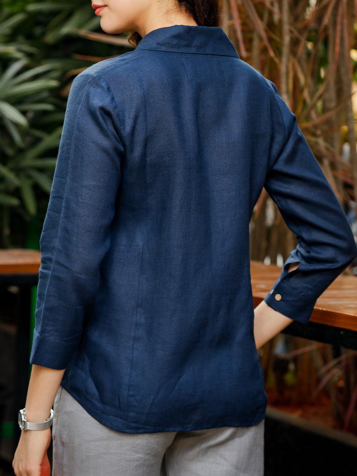 Sarah - Pure Linen Full Sleeve Shirt With Side Panels - Navy Blue