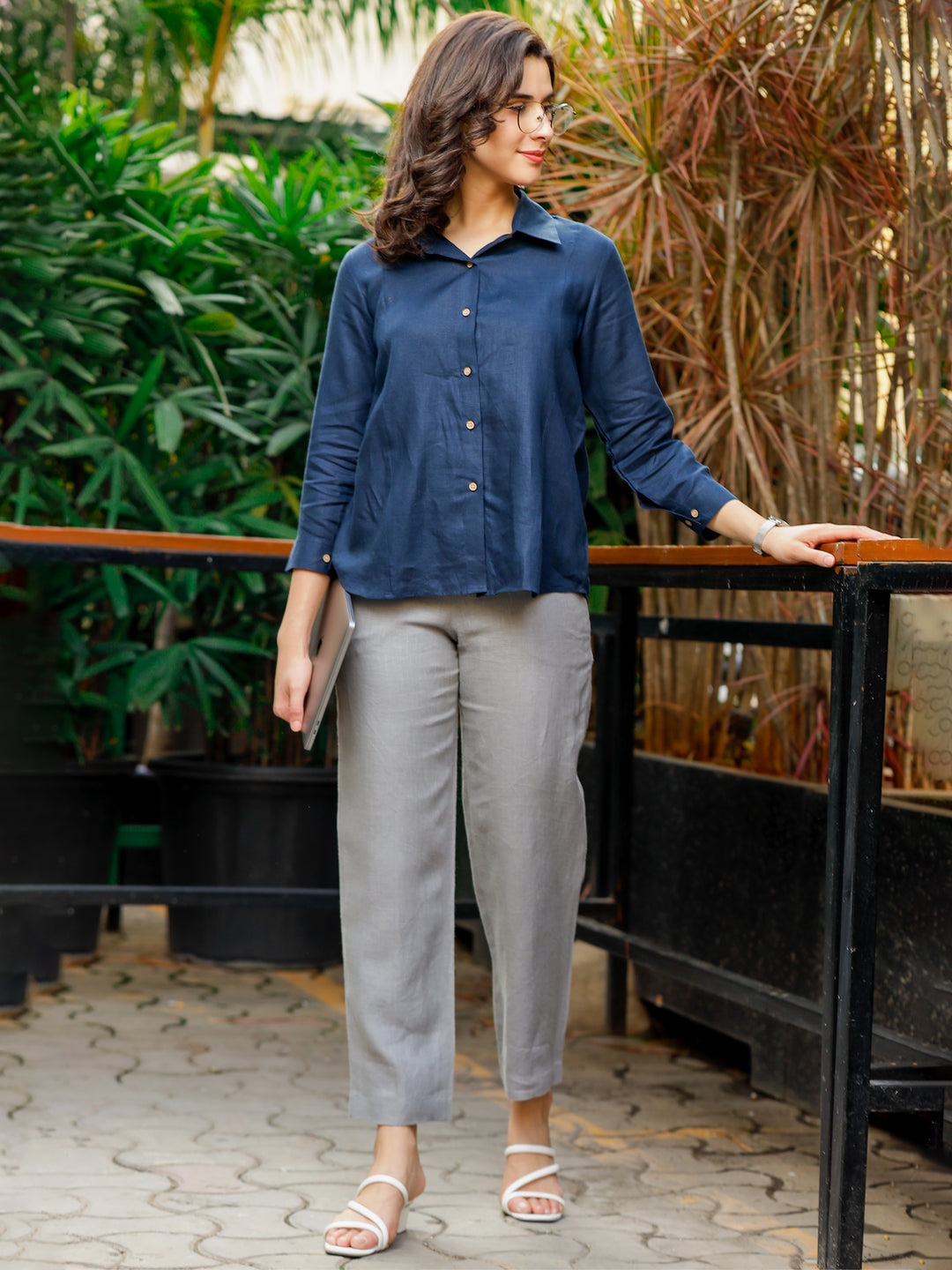 Sarah - Pure Linen Full Sleeve Shirt With Side Panels - Navy Blue