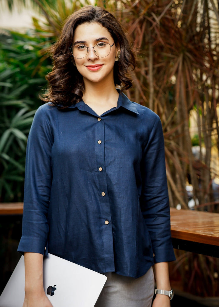 Sarah - Pure Linen Full Sleeve Shirt With Side Panels - Navy Blue