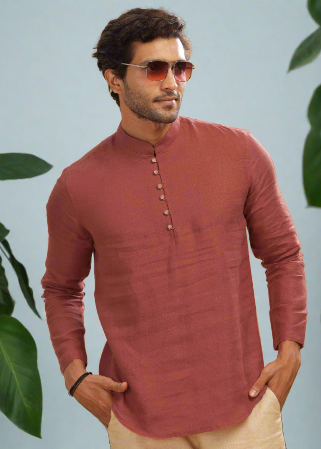Shurta - Pure Linen Full Sleeve Short Kurta Shirt - Terracotta Red