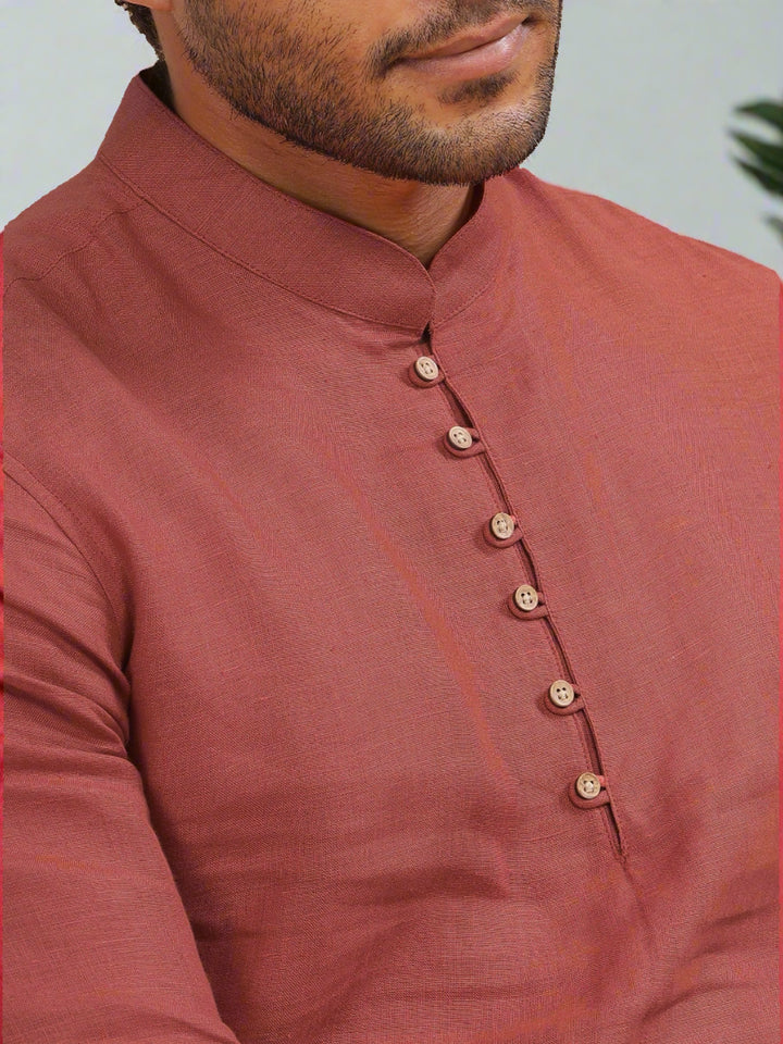 Shurta - Pure Linen Full Sleeve Short Kurta Shirt - Terracotta Red