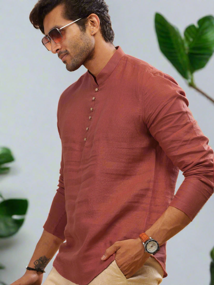 Shurta - Pure Linen Full Sleeve Short Kurta Shirt - Terracotta Red