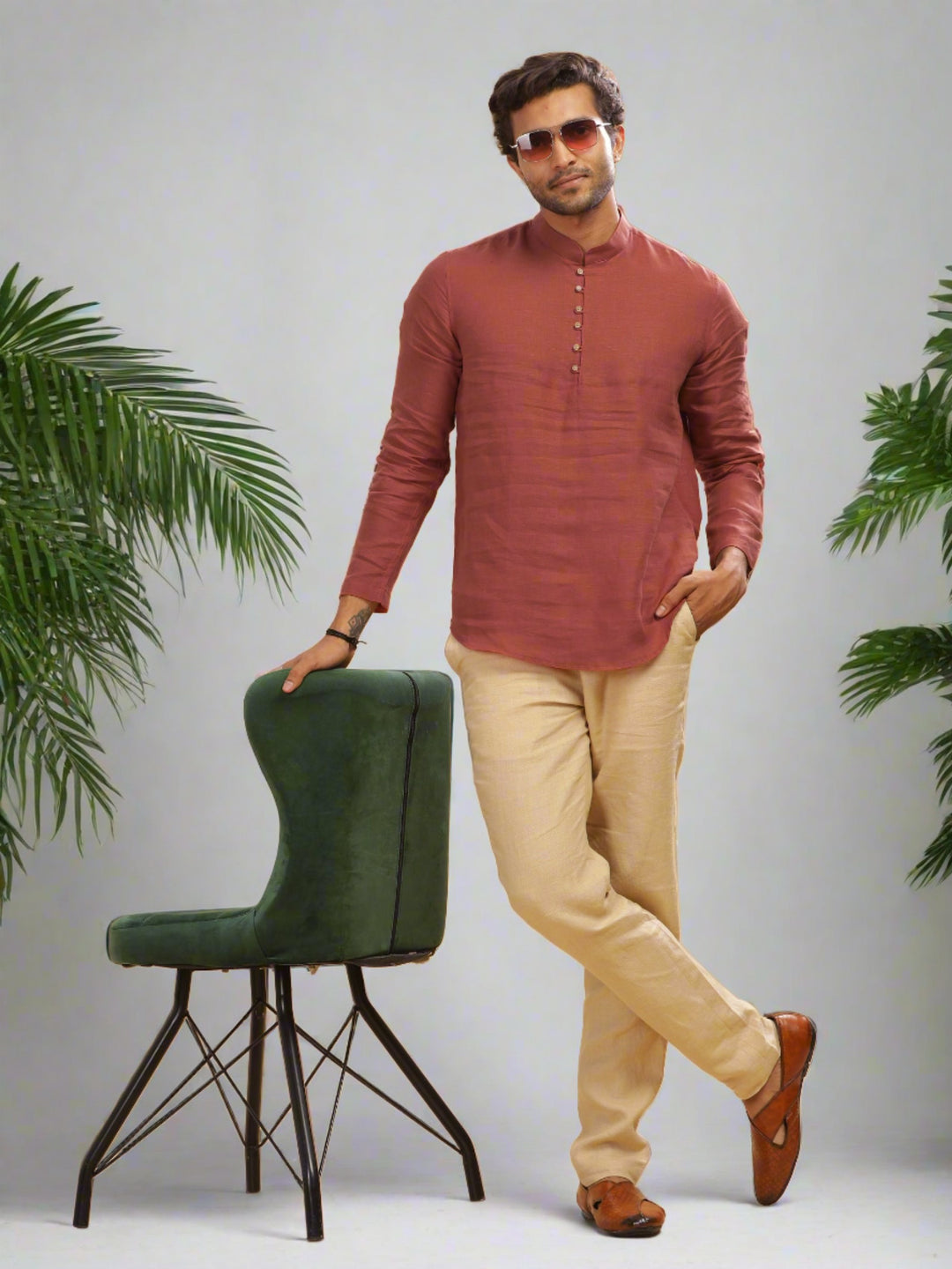 Shurta - Pure Linen Full Sleeve Short Kurta Shirt - Terracotta Red