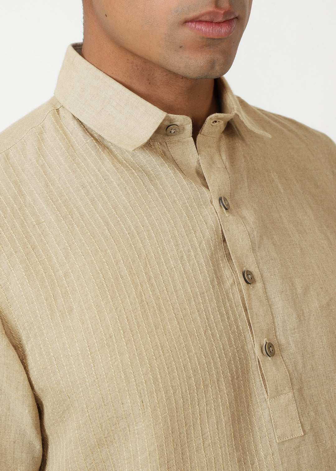 Silus - Pure Linen Half Placket Stitch Detailed Shirt - Light Tea Yellow