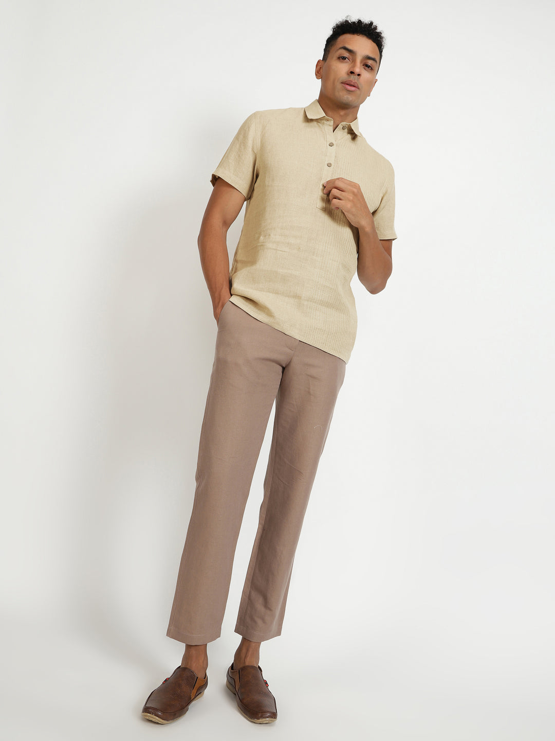 Silus - Pure Linen Half Placket Stitch Detailed Shirt - Light Tea Yellow