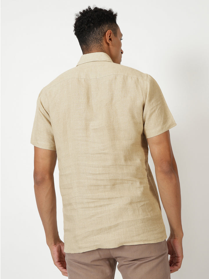 Silus - Pure Linen Half Placket Stitch Detailed Shirt - Light Tea Yellow