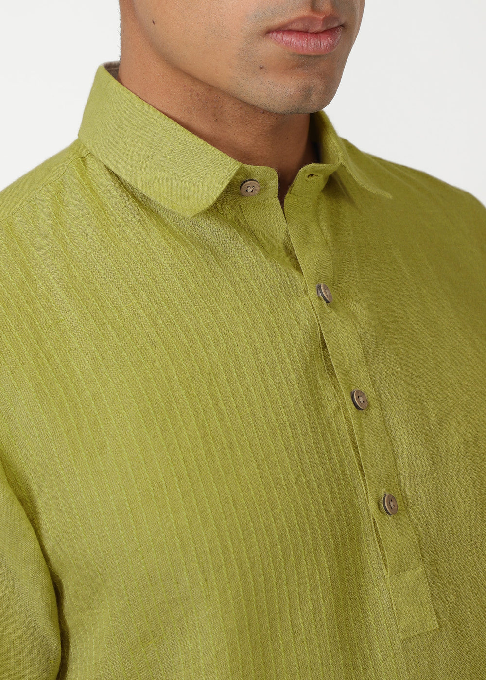 Silus - Pure Linen Half Placket Stitch Detailed Shirt - Sap Green