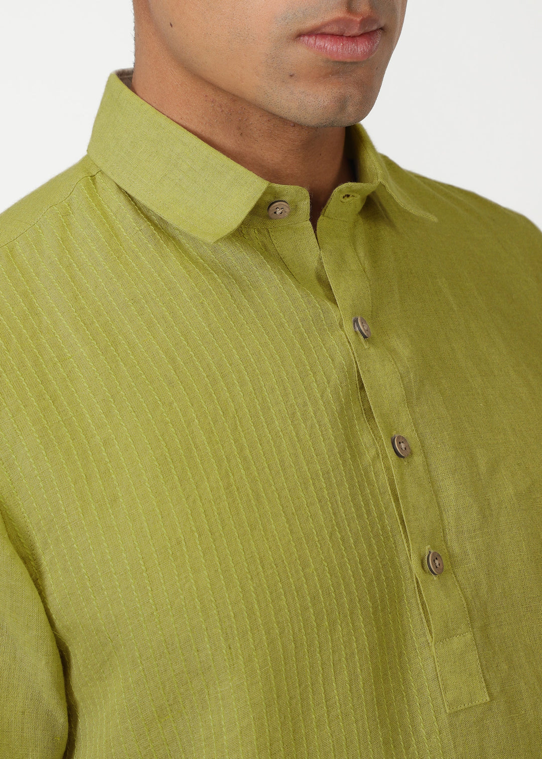 Silus - Pure Linen Half Placket Stitch Detailed Shirt - Sap Green