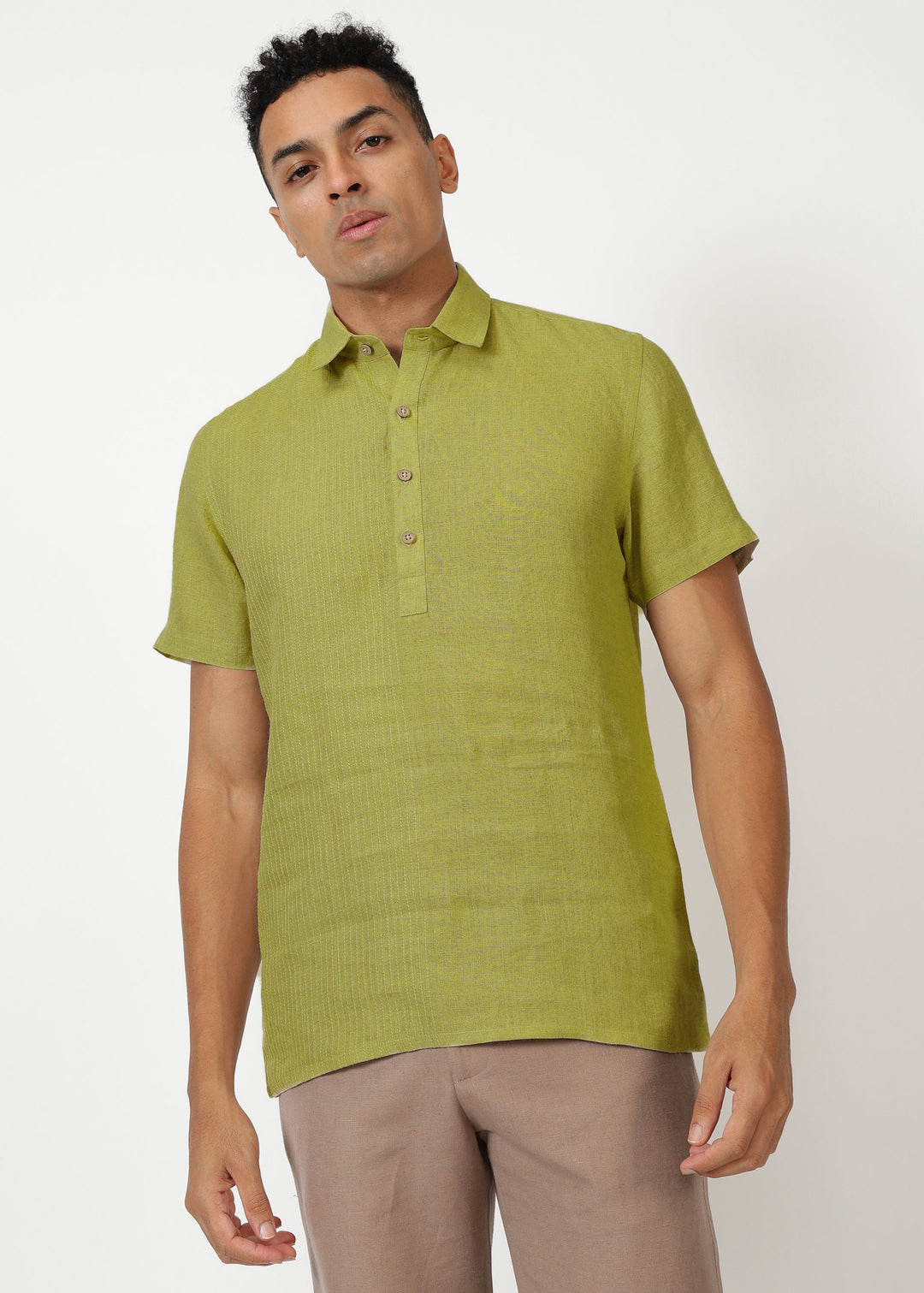 Silus - Pure Linen Half Placket Stitch Detailed Shirt - Sap Green