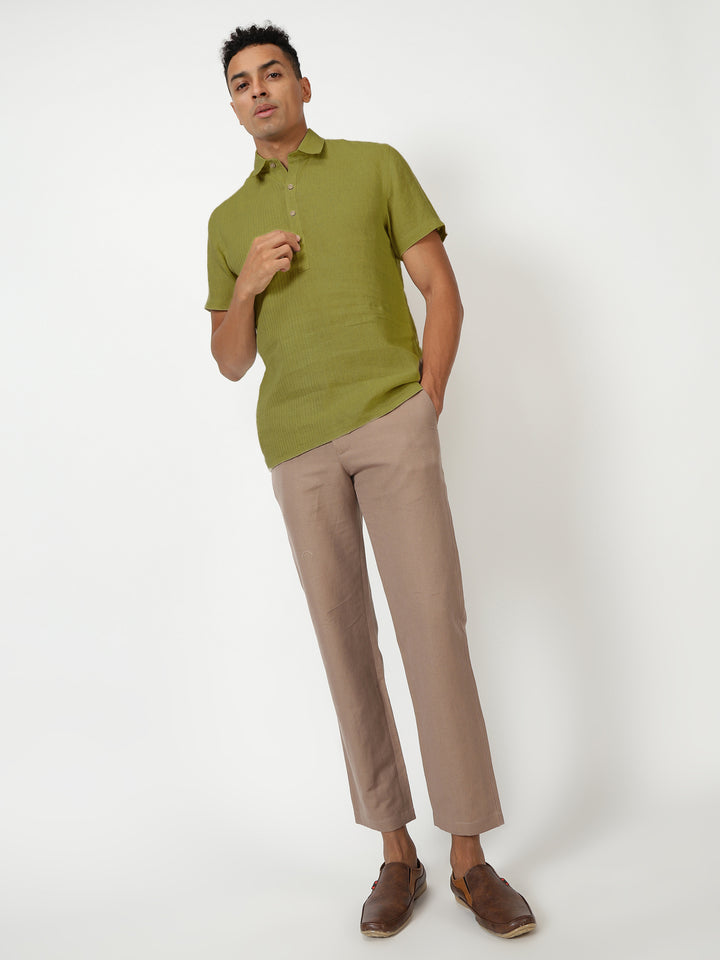 Silus - Pure Linen Half Placket Stitch Detailed Shirt - Sap Green