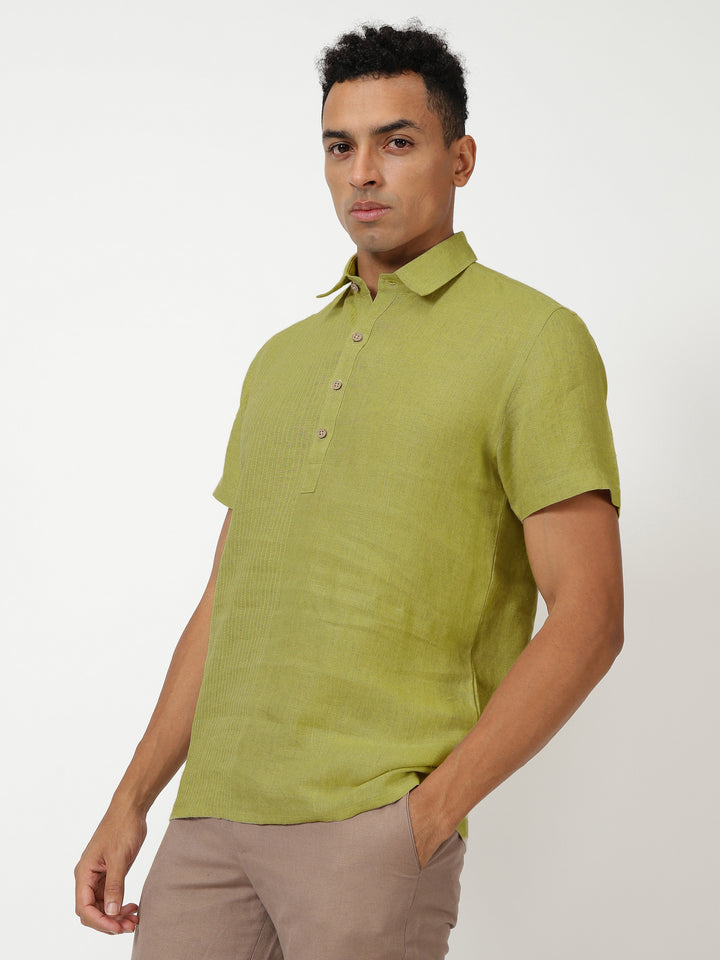 Silus - Pure Linen Half Placket Stitch Detailed Shirt - Sap Green