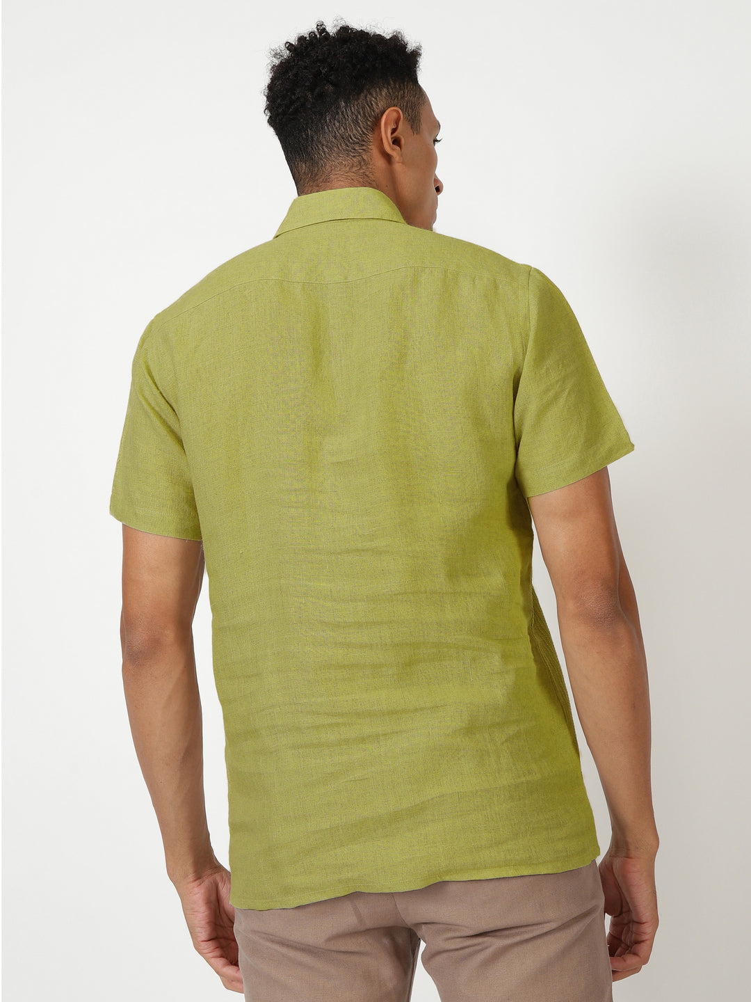 Silus - Pure Linen Half Placket Stitch Detailed Shirt - Sap Green
