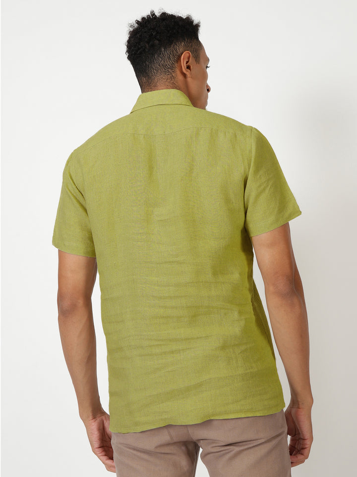 Silus - Pure Linen Half Placket Stitch Detailed Shirt - Sap Green