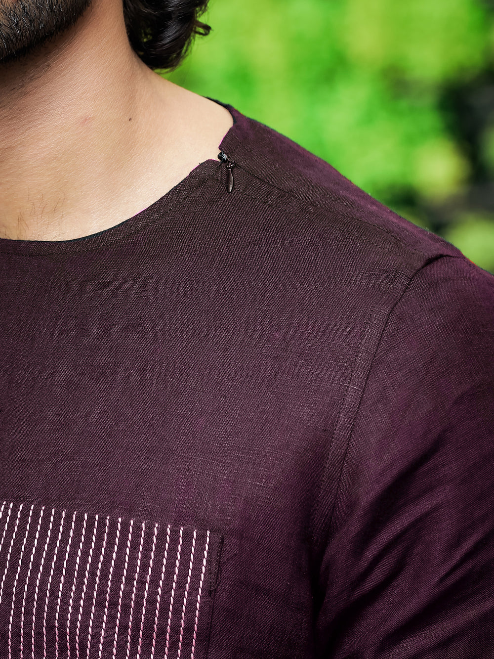 Simon - Pure Linen Stitch Detail Short Sleeve T-Shirt - Dark Purple