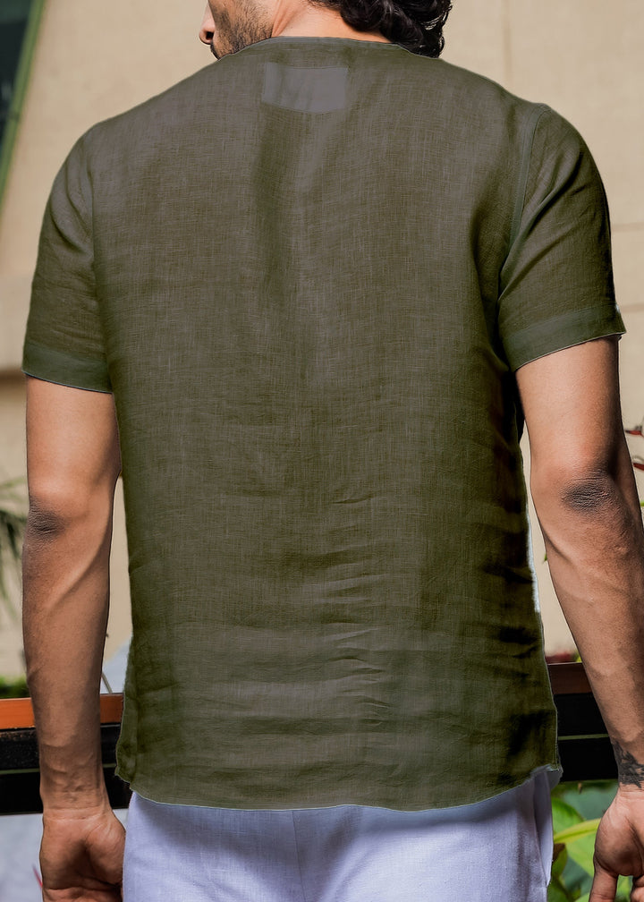 Simon - Pure Linen Stitch Detail Short Sleeve T-Shirt - Moss Green