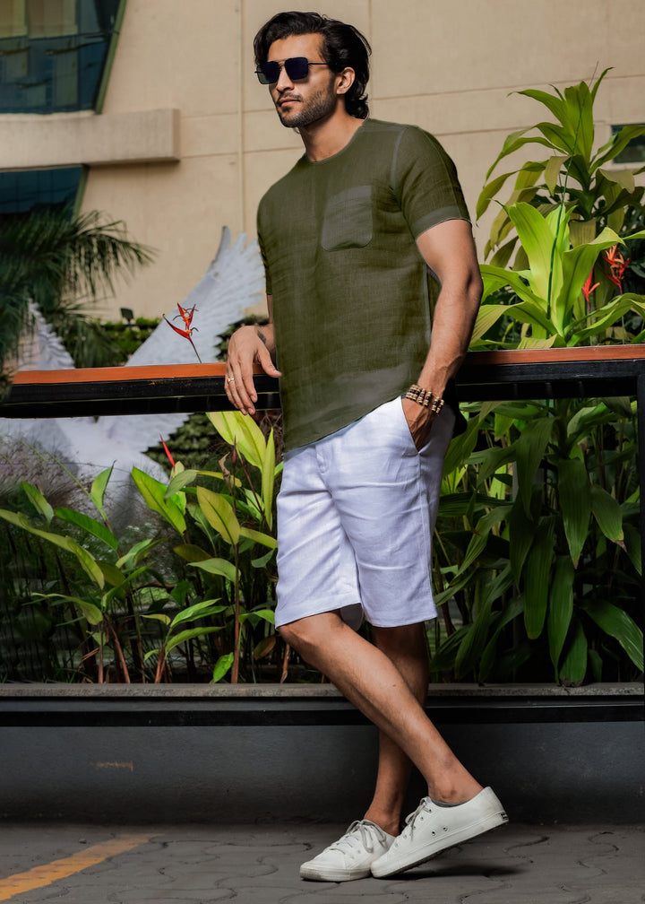 Simon - Pure Linen Stitch Detail Short Sleeve T-Shirt - Moss Green