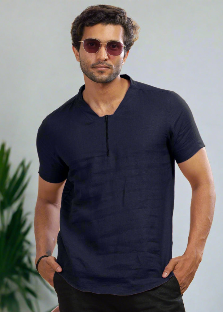 Sol - Pure Linen Short Sleeve T-Shirt - Dark Blue