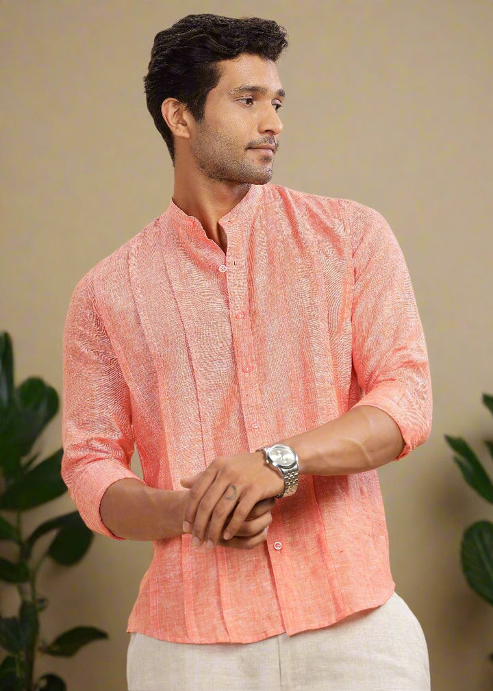Stark - Pure Linen Full Sleeve Shirt With Band Collar & Space Tuck - Dark Orange Chambray