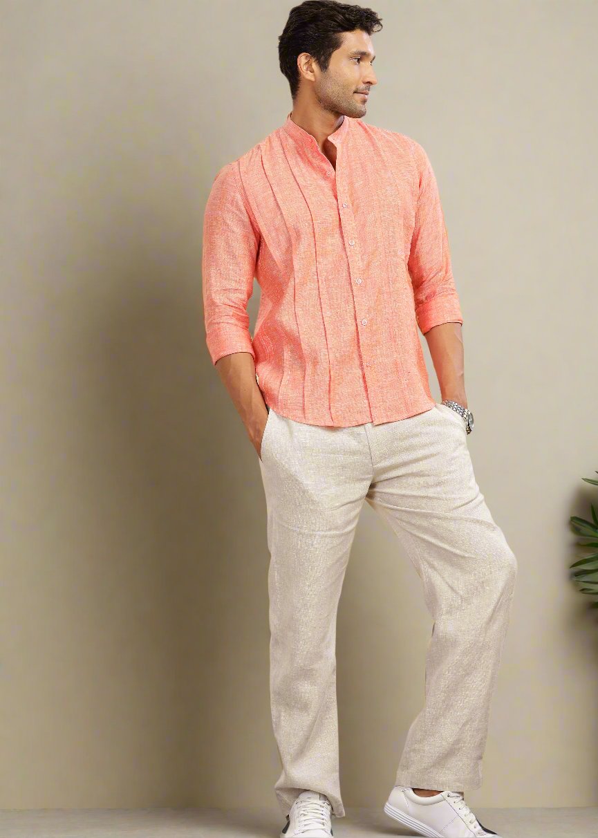 Stark - Pure Linen Full Sleeve Shirt With Band Collar & Space Tuck - Dark Orange Chambray