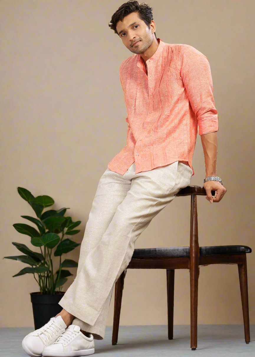 Stark - Pure Linen Full Sleeve Shirt With Band Collar & Space Tuck - Dark Orange Chambray