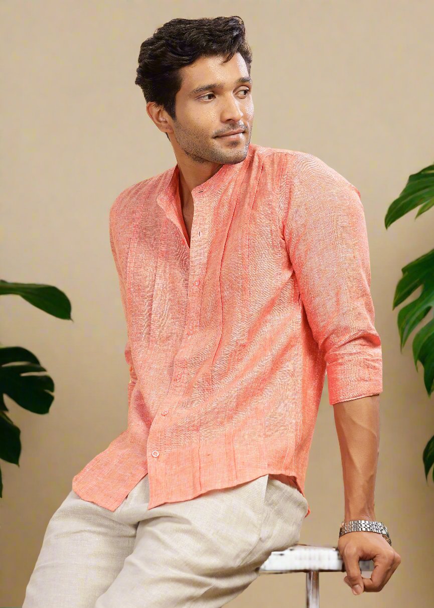 Stark - Pure Linen Full Sleeve Shirt With Band Collar & Space Tuck - Dark Orange Chambray