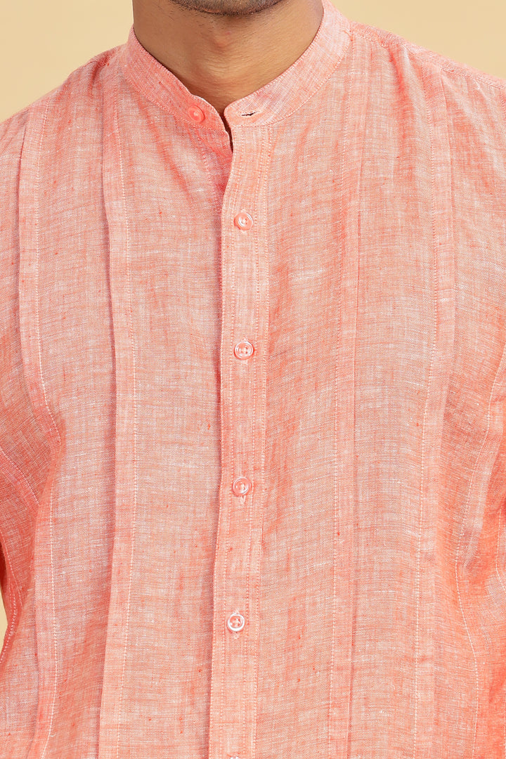 Stark - Pure Linen Full Sleeve Shirt With Band Collar & Space Tuck - Dark Orange Chambray