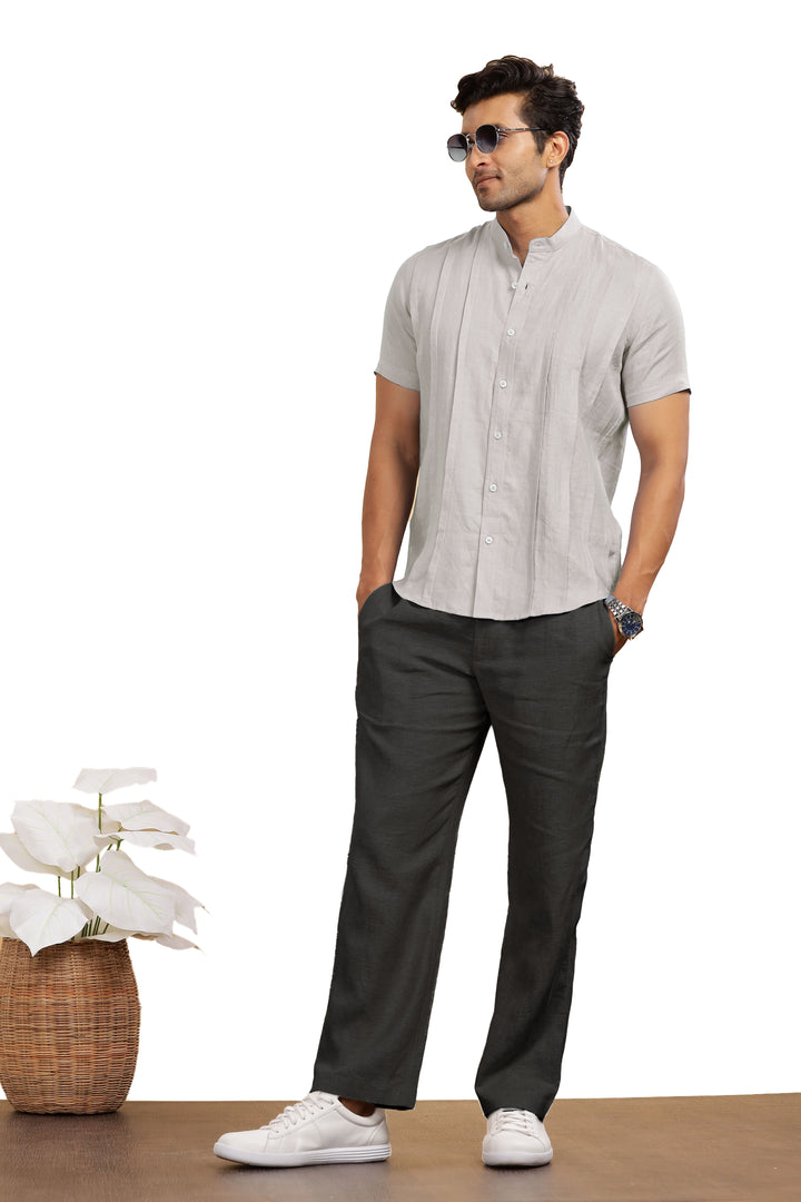 Stark - Pure Linen Half Sleeve Shirt With Band Collar & Space Tuck - Light Grey
