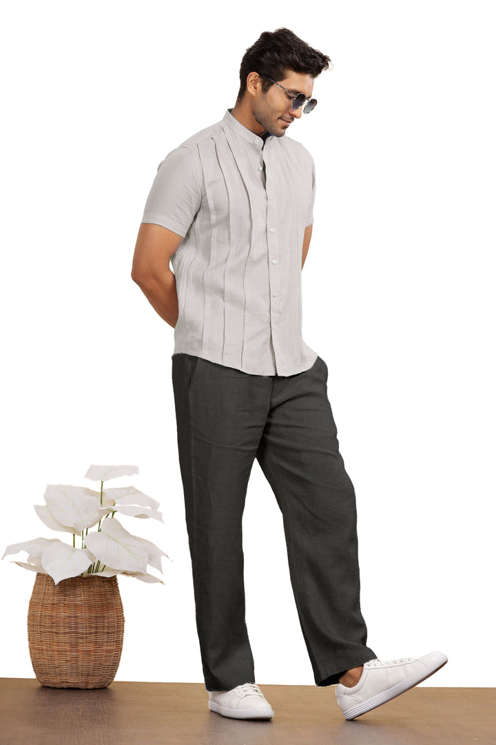 Stark - Pure Linen Half Sleeve Shirt With Band Collar & Space Tuck - Light Grey