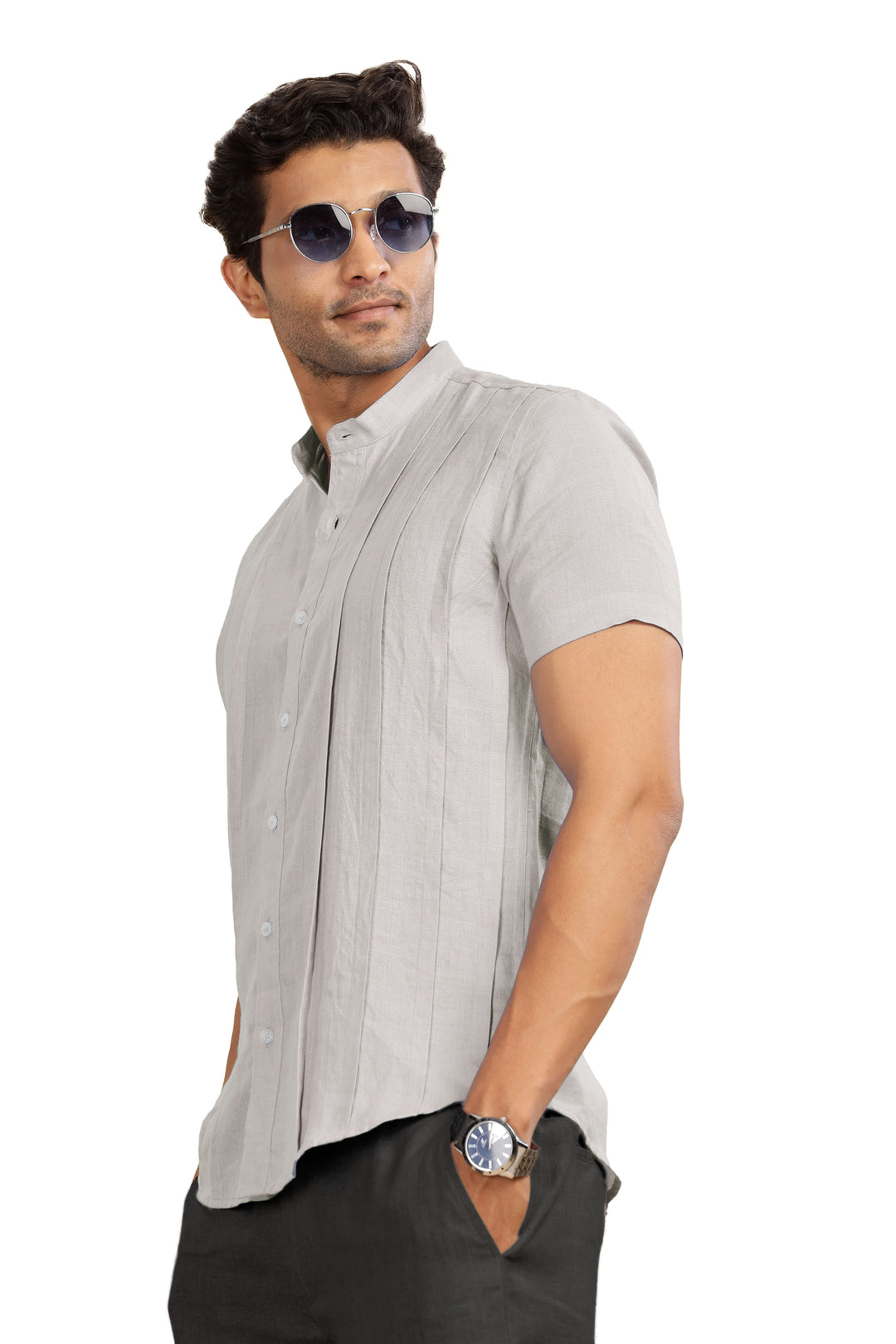 Stark - Pure Linen Half Sleeve Shirt With Band Collar & Space Tuck - Light Grey