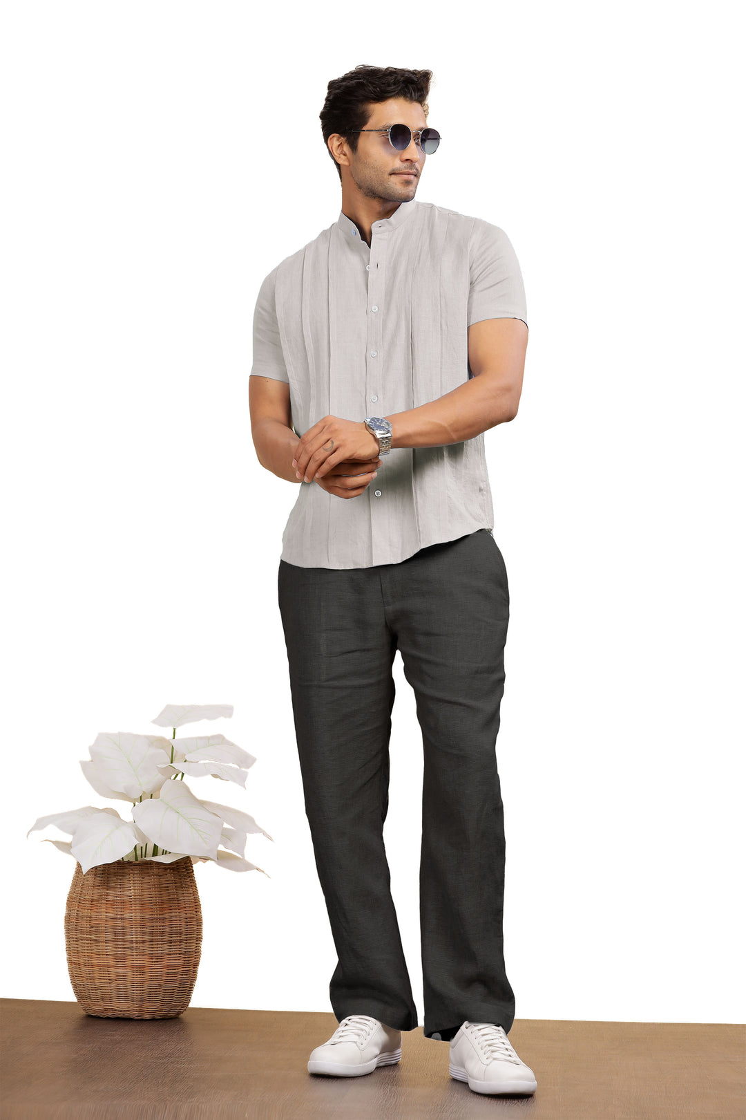 Stark - Pure Linen Half Sleeve Shirt With Band Collar & Space Tuck - Light Grey