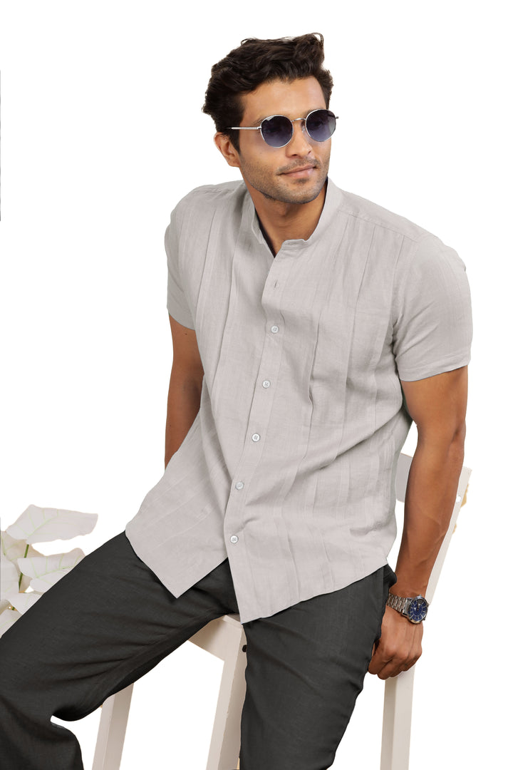 Stark - Pure Linen Half Sleeve Shirt With Band Collar & Space Tuck - Light Grey