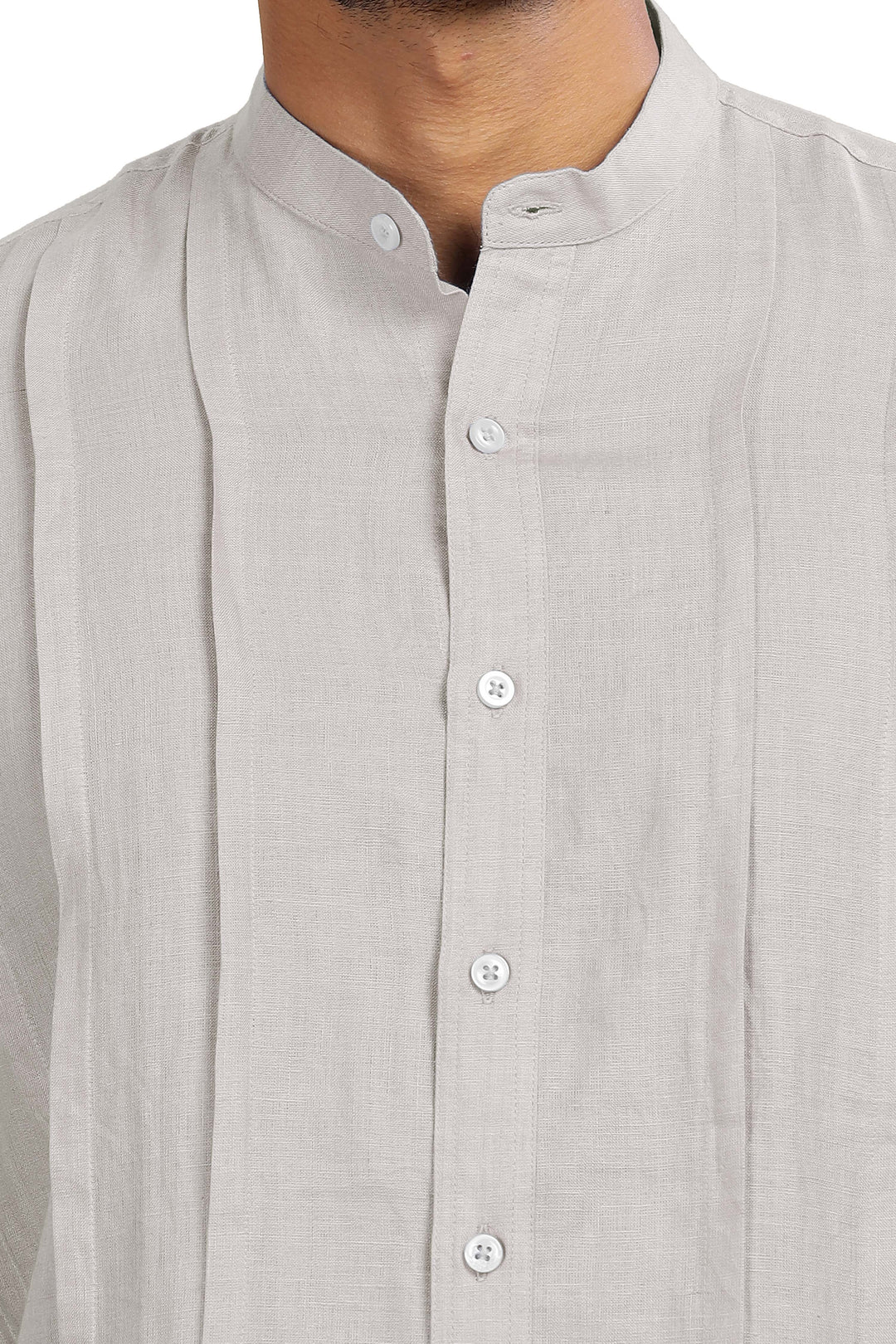 Stark - Pure Linen Half Sleeve Shirt With Band Collar & Space Tuck - Light Grey