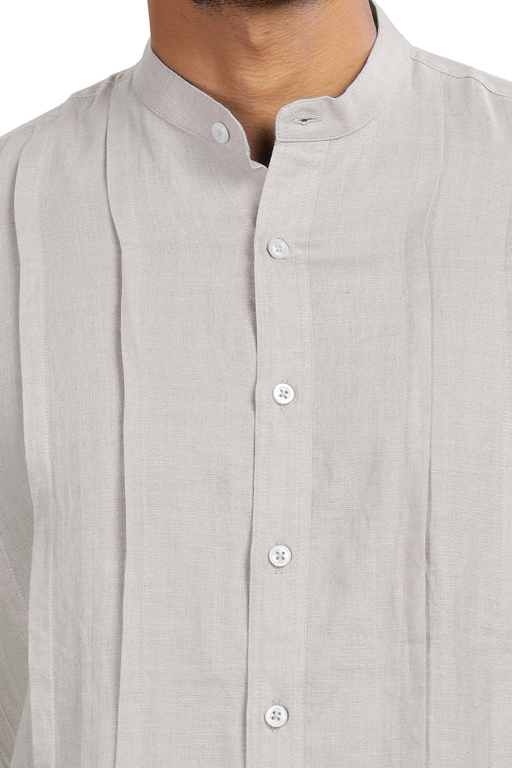 Stark - Pure Linen Half Sleeve Shirt With Band Collar & Space Tuck - Light Grey