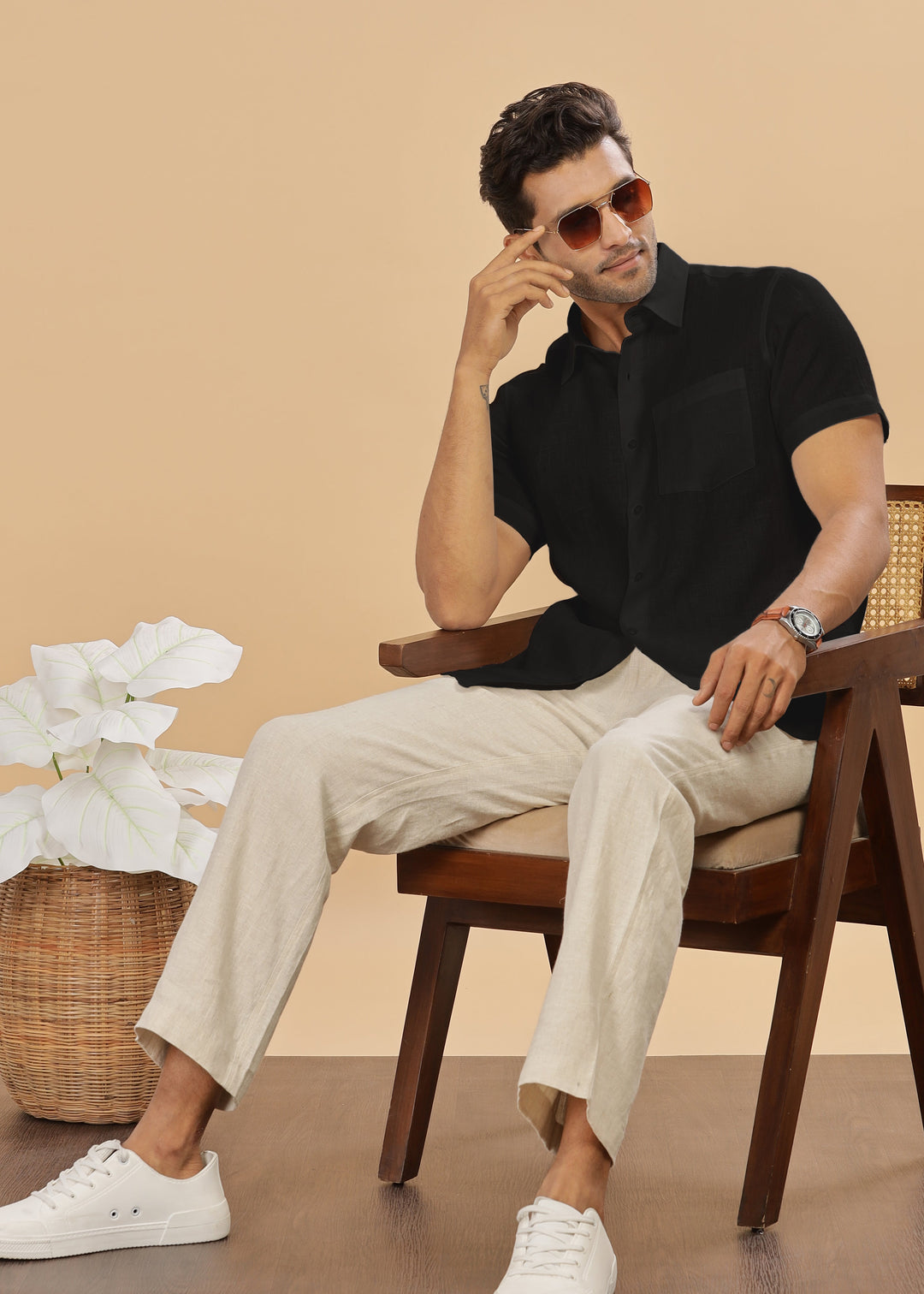 Ted - Pure Linen Half Sleeve Shirt - Black