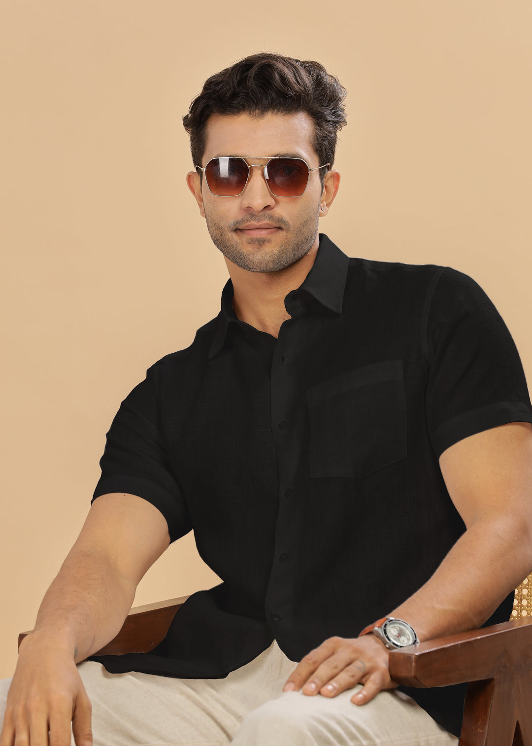 Ted - Pure Linen Half Sleeve Shirt - Black